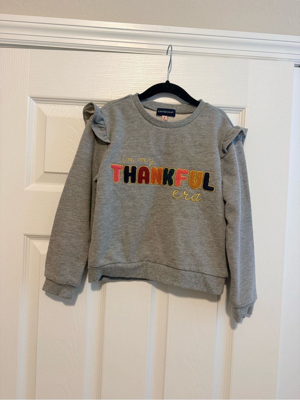 Andy & Evan Gray Sweatshirt with Multicolor "THANKFUL" Embroidery
